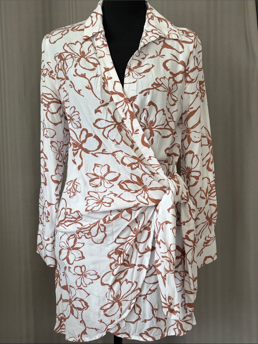 Mahina Women’s Wrap Dress - White with Brown Floral Print